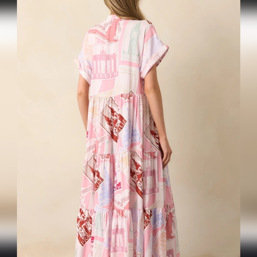 Prosperina Pink Printed Tiered Midi Dress Size Small - Picture 4 of 4